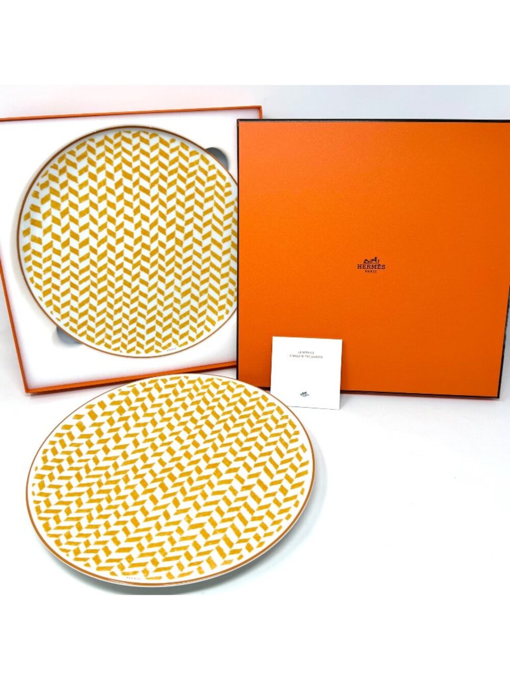 Hermes “A Walk In The Garden” Yellow Dinner Plates Set of 2 (Racecar Stamp)